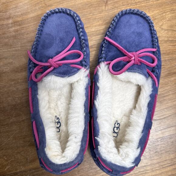 Ugg Dakota Slippers Size 5 Womens Blue Suede Pink Laces Wool Lining Rubber Soles - Picture 8 of 13